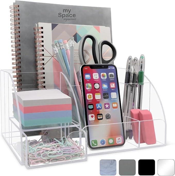 My Space Organizers Clear Acrylic Desk Oganizer, 9 Compartments, Office Supplies and Desk Accessories Organizer, Home Decor Desktop Organizer (Clear)