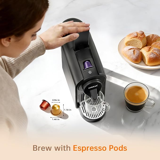 CHULUX Bafè-Pro Single Serve Espresso Machine for Nes Original Pods, Black | 1400W Rapid Heating, Espresso Lungo Buttons, Used Capsule Drawer, Auto-Eject System, 24oz Removable Reservoir, Mini Footprint