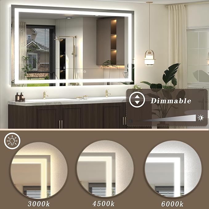 Led Bathroom Mirror 60x36, Large Illuminated Dimmable Vanity Mirror with Lights, Backlit and Front Lighted Makeup Mirror for Wall, Anti-Fog, Shatter-Proof, ETL Listed (Horizontal/Vertical)