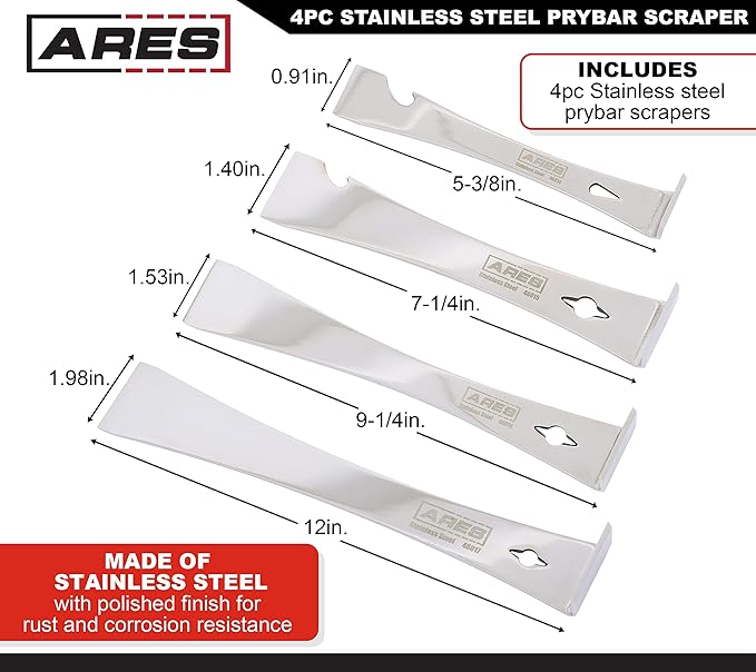 ARES 46020-4-Piece Stainless Steel Prybar Scraper Set - Ultra Sharp Scrapers Remove Residue from Steel, Aluminum, and More - Prybar Ends Offer Extra Leverage - Built-In Nail Puller and Bottle Opener