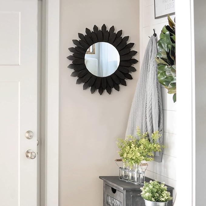 Boho Wall Decor Mirrors for Wall 2 Pack 12 inch Wood Decorative Mirror for Room Decor Rustic Farmhouse Mirror for Bedroom Bathroom Living Room Kitchen Black