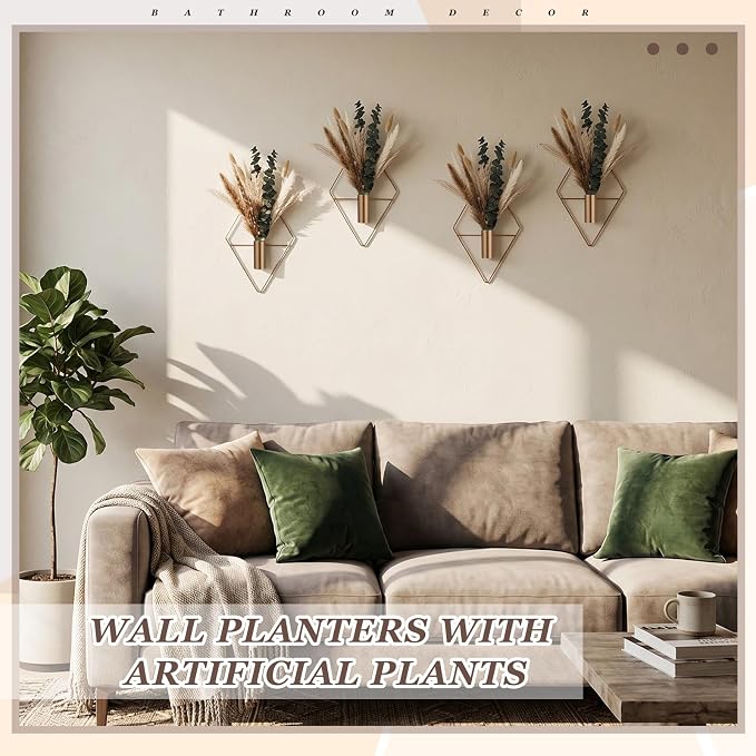 Jexine 4 Pcs Hanging Planters with Artificial Pampas Metal Hanging Vase Indoor Plants Holder Modern Geometric Boho Bathroom Wall Decor for Living Room Home Office, Antique Copper