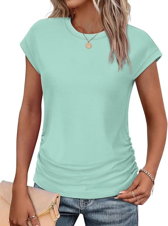 Sampeel Womens Summer Tops Trendy 2026 Ruched Cap Short Sleeve Tshirts Shirts Crew Neck T Shirts Fashion