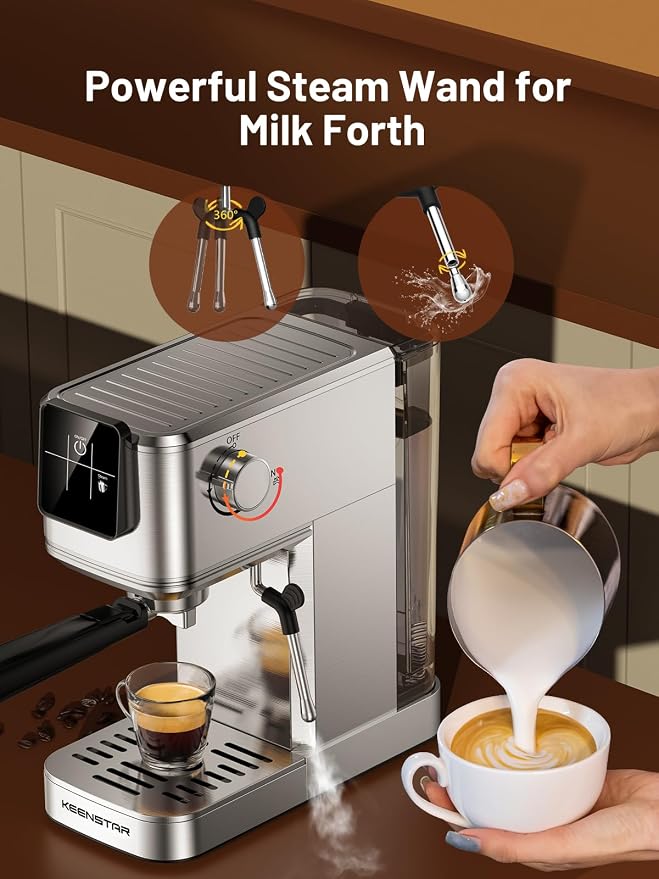 KEENSTAR 20Bar Espresso Machine, Hot & Iced Coffee Maker with Milk Frother | Stainless Steel, Touch Screen, Rapid Cold Brew, Espresso Maker with 40oz Water Tank for Latte, Cappuccino
