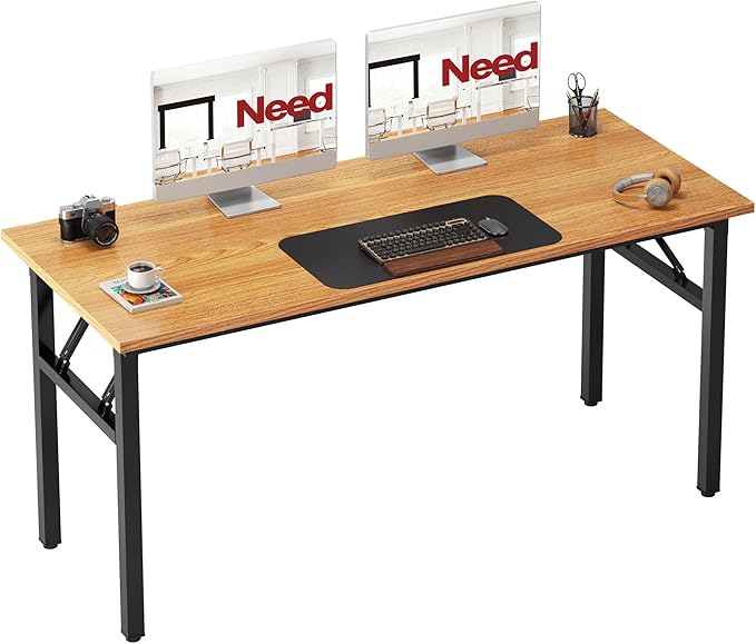 Need Office Computer Desk 54.3 Inch Sturdy Folding Laptop Table Teak | Black Frame Writing Gaming Work Table/Foldable Home Office Desk/Sewing Table, No Assembly Required