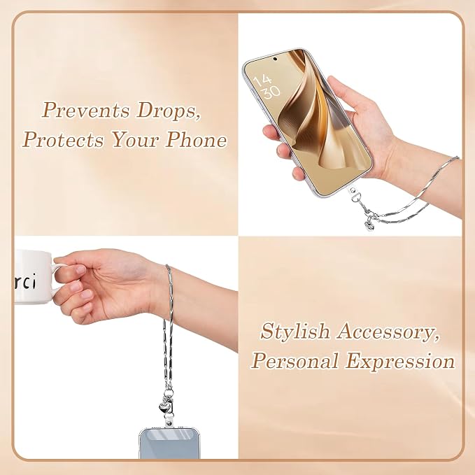 AULEEP Phone Chain Wristlet,Metal Hand Wrist Strap Lanyard,Phone Charm with Clear Tether Tab,Anti Theft Cellphone Strap Silver Bracelet Strap for Traveling Hiking Shopping