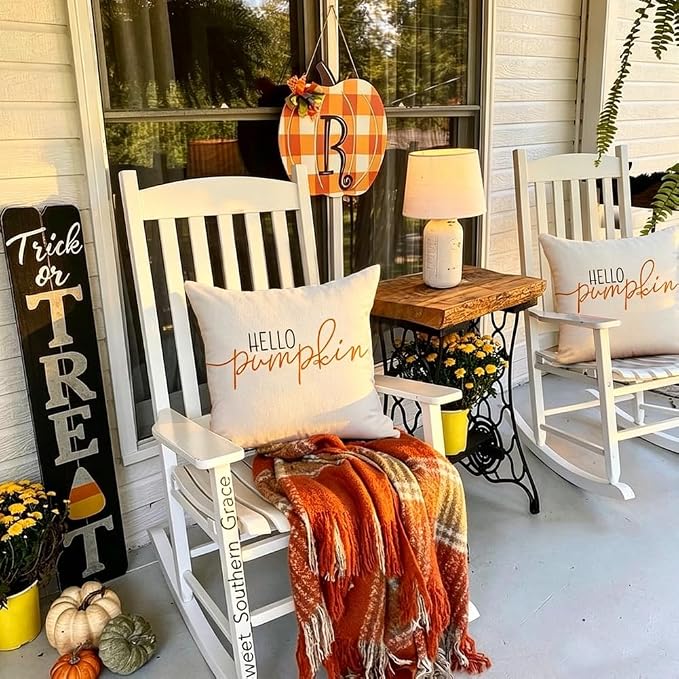 RABUSOFA Fall Pillow Covers 18x18 Inch Fall Decor for Home | Hello Pumpkin Lettering,Indoor Outdoor Use,Harvest Autumn Thanksgiving Decorations for Couch Sofa