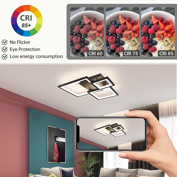 Modern Black Led Ceiling Light 3-Square Design 3000K-6500K Dimmable LED Ceiling Light with Remote 33W Acrylic Ceiling Lighting Fixture for Bedroom Kitchen Dining Room Office Lamps