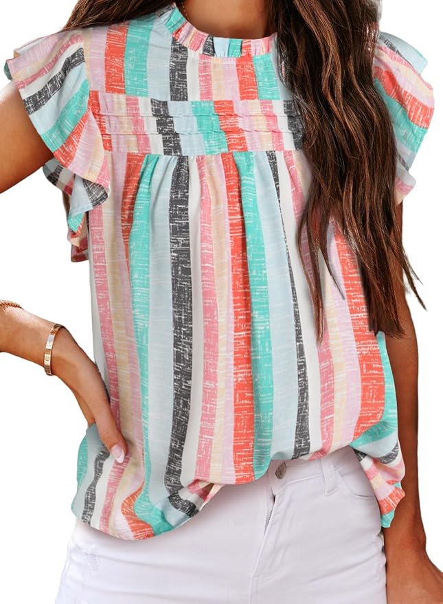 SHEWIN Womens Summer Crewneck Tank Tops Casual Ruffle Sleeveless Tops Shirts