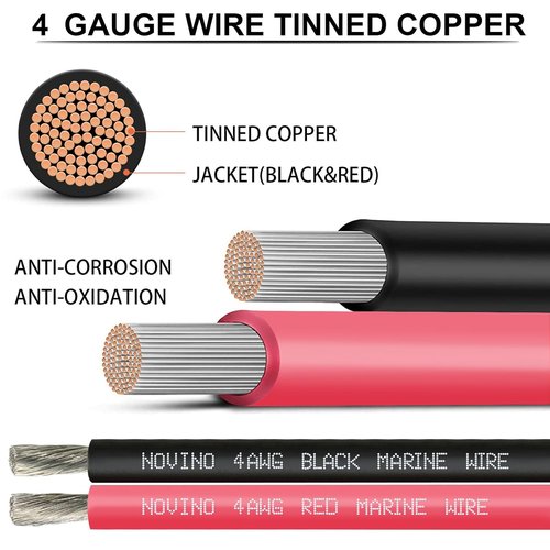 4 Gauge Marine Wire - 50FT Red & 50FT Black Tinned Copper Electrical Cable for Boats & Outdoor Use