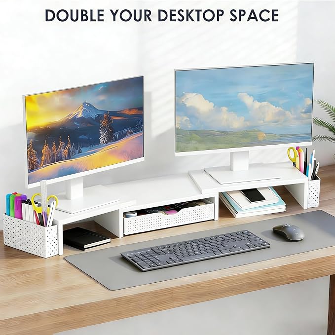 Spacrea Metal Desk Organizers and Accessories, Dual Monitor Stand Riser with Drawer and 2 Pen Holders, Desk Accessories & Workspace Desktop Organizers for Office Supplies (White)