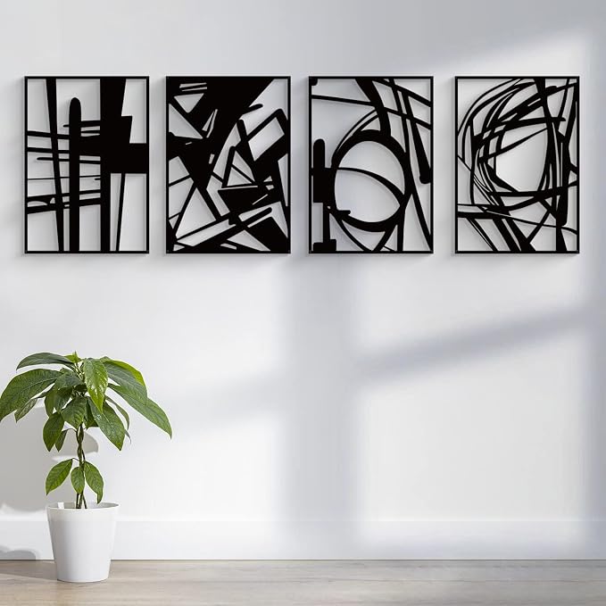Glamativity Large 4 Pack Black Abstract Metal Wall Art, Minimalist Décor Single Line Art Wall Décor, 3D Textured Metal Wall Sculptures, for Living Room Bedroom Bathroom Study Room (Black, L Size 22.5