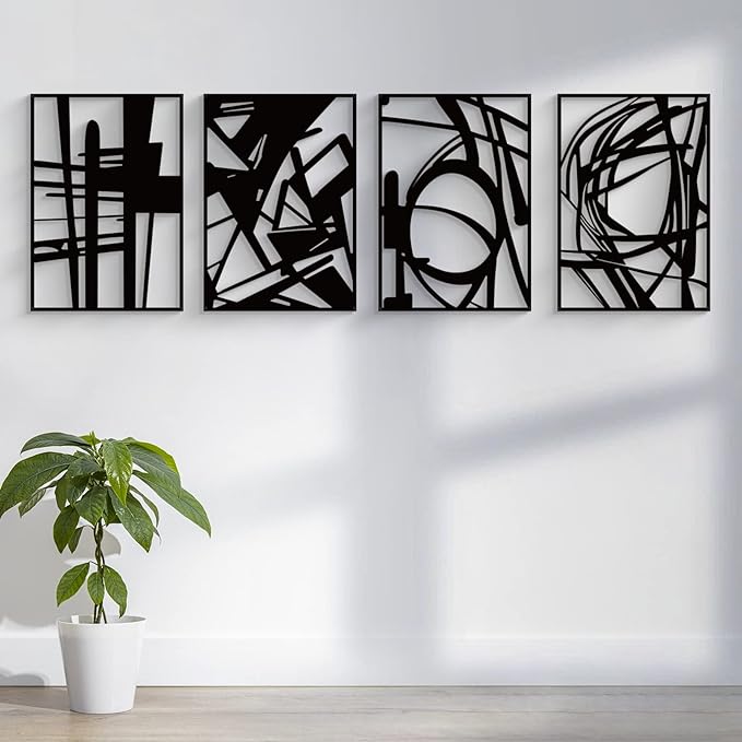 Glamativity 4 Pack Black Abstract Metal Wall Art, Minimalist Décor Single Line Art Wall Décor, 3D Textured Metal Wall Sculptures, for Living Room Bedroom Bathroom Study Room (Black Abstract, M Size 16 x 11'')