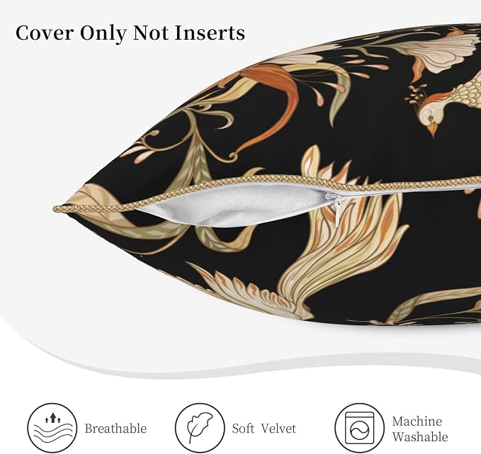 Flowers Birds Velvet Pillow Covers 16x16 Inch Vintage Floral Black Throw Pillows for Couch Farmhouse Cushion Covers Pillowcase Retro Rustic Pillow Cases for Sofa Bed Living Room Outdoor