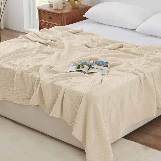 Love's cabin 100% Cotton Muslin Blanket, 6 Layer Lightweight Breathable Gauze Queen Size Blanket 90 x 90 Inches, Soft All Season Blanket for Bed, Beige