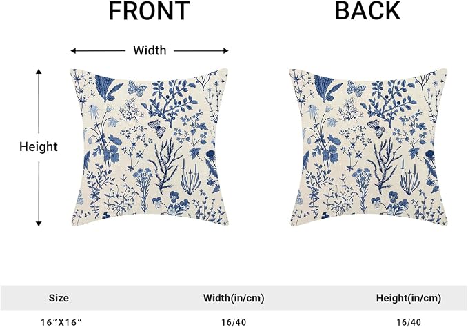 AEIOAE Summer Pillow Covers 16x16 Inch Set of 2,Navy Blue Wild Flower Plant Throw Pillows Case,Seasonal Floral Outdoor Decorative Square Linen Farmhouse Decor Cushion Covers for Home Couch Sofa Bed