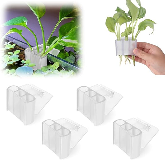 4 Pk Upgraded Aquarium Plant Holder, 3-Hole Hanging Aquarium Plant Holder with Clip, Suitable for Fish Tank Plant Potting, Aquarium Decoration, White