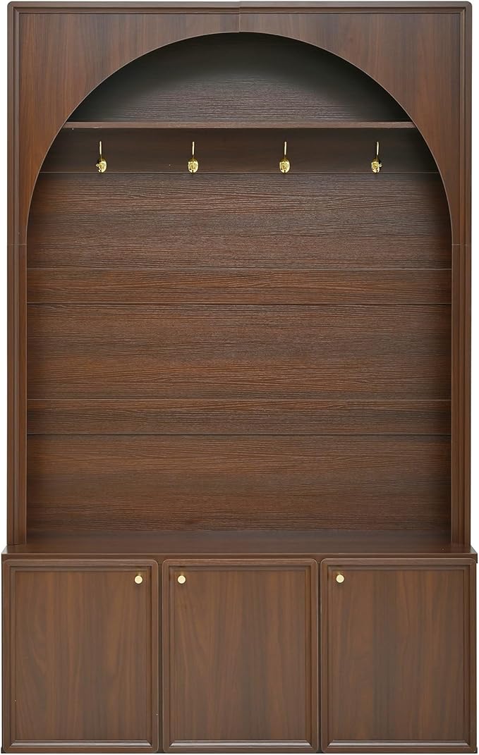 LUMISOL Farmhouse Hall Tree with Storage Bench, Arched Design Coat Rack with 4 Golden Hooks and Adjustable Shelves, Entryway Bench with 3 Cabinets, Retro Hall Cabinet for Living Room, Walnut