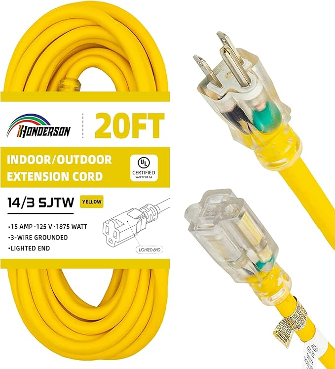 Indoor Outdoor Extension Cord Weatherproof with Lighted End, UL Certified, 14 Gauge 20FT Yellow 3 Prong Heavy Duty, 14/3 SJTW 15A Power Cord for Outdoor Lights, Lawn