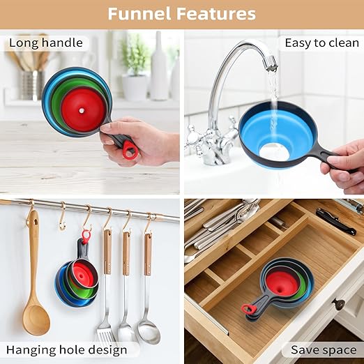 Funnels for Kitchen Use Set of 3, Dokpod Collapsible Funnels for Filling Bottles, Wide Mouth Canning Funnel, Small Medium Large Funnel Set for Filling Solid Particles, Powder and Liquid,