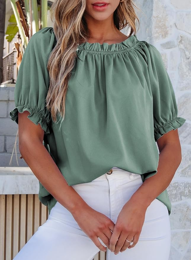 EVALESS Womens Tops Off The Shoulder Blouses for Women Dressy Casual Cute Puff Sleeve T Shirts Fashion 2026