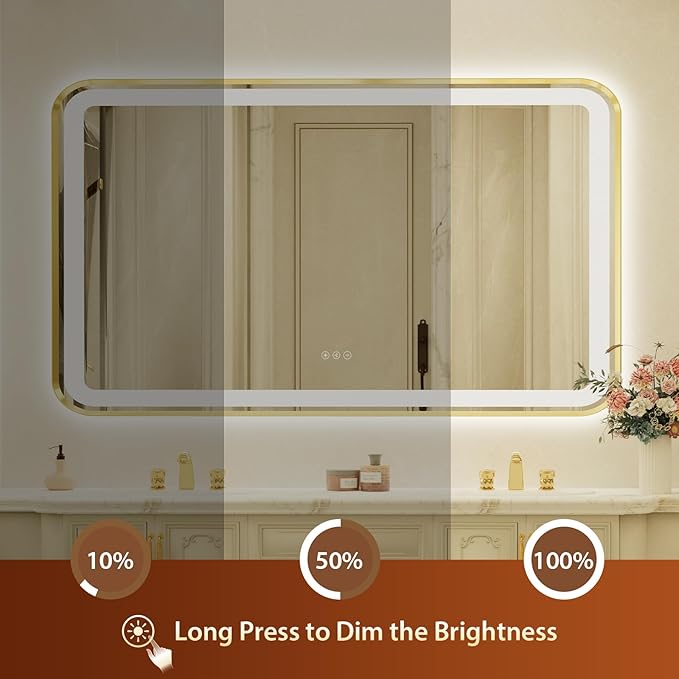 32x55 Inch Gold Framed LED Bathroom Mirror with Lights, Built-in Bluetooth Speaker,Tempered Glass,Dimmable Lighted Bathroom Vanity Mirror with 3 Colors, Backlit + Frontlit, Memory, Anti-Fog