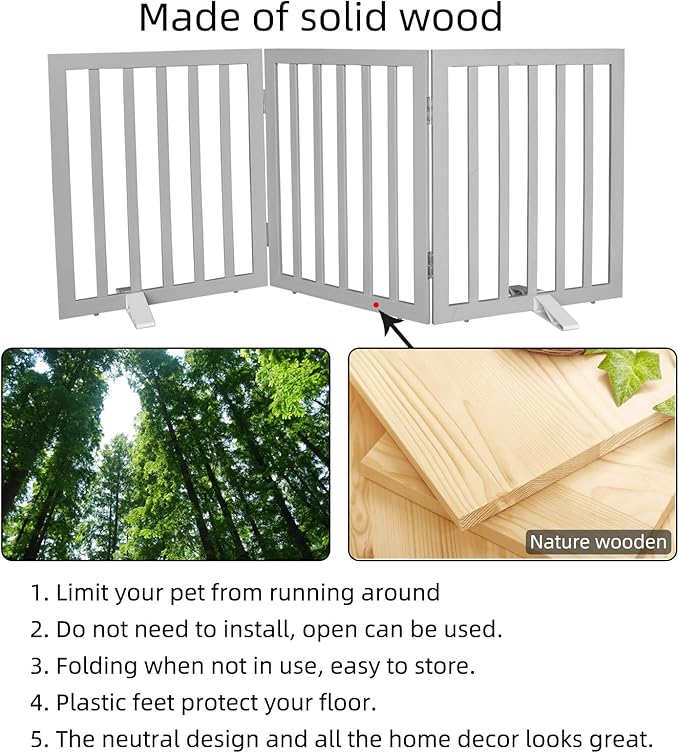 ZJSF Freestanding Indoor Dog Gate for House Foldable Wood Puppy Gate for Doorways Pet Gate for Stairs Extra Wide Pet Fence, Grey, 24" Height 3 Panels