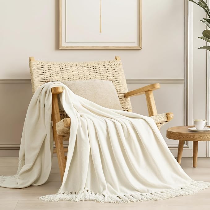 Chenille Knit Throw Blanket for Couch, 50"x60", Ivory White | Cozy Plush Fuzzy Knittd Throw with Tassels, Lightweight, Decorative, Farmhouse Decor, Ideal for Bed Sofa Gift, All Seasons