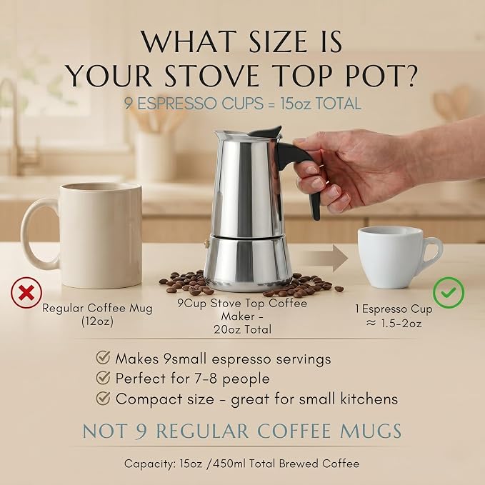 Mixpresso 9 Cup Greca Moka Pot, Stainless Steel Stovetop Espresso Maker | 15oz/450ml Italian stovetop coffee maker with classic percolator design, ideal for preparing coffee at home or while camping