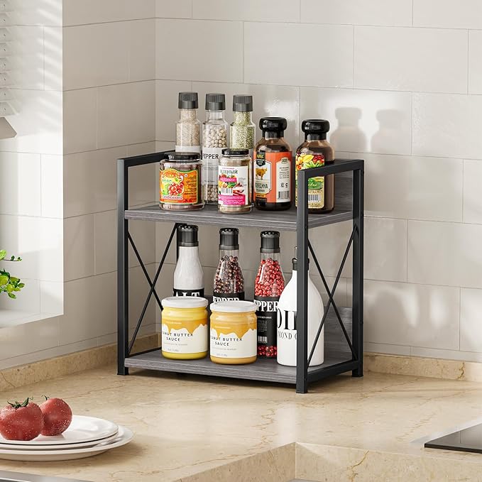 Giikin Countertop Shelf Organizer, 2 Tier Coffee Organizer for Desktop, Grey Counter Shelf Spice Rack for Kitchen (Grey, M)