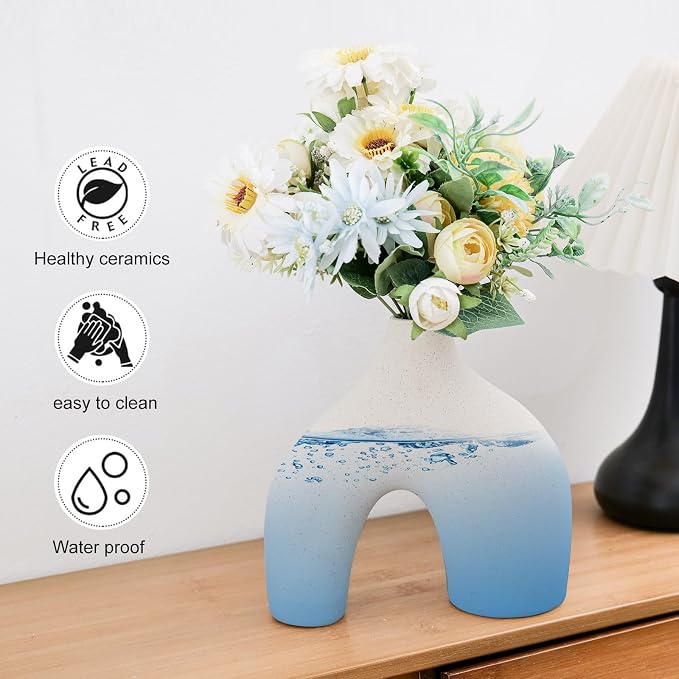 CEMABT Beige Ceramic Vase Set of 2 for Modern Minimalist Bohemian Decor，Round Matte Donut Vases for Pampas Grass-Perfect for Living Room, Dining Table, Office Bedroom Shelf Decor Entryway, Console…