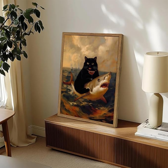 Funny Black Cat Riding Shark Wall Art Whimsical Bar Cart Wall Decor Picture Eclectic Shark Ocean Poster Canvas Painting Prints for Bedroom Living Room 16x24 inch Framed
