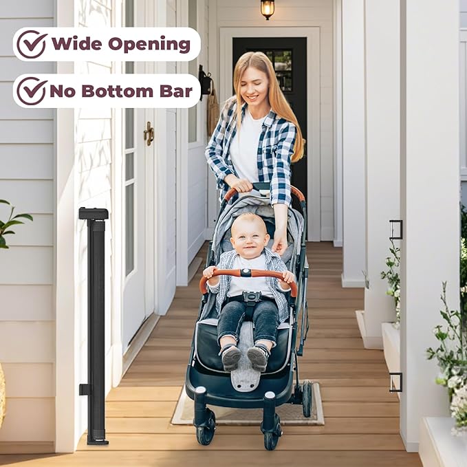 76" Retractable Baby Gates Extra Wide, Mesh Long Dog Gate for Wide Openings, Indoor Outdoor Stair Gate for Doorways Hallways Deck Porch, Child Pet Safety Essentials for Home, Black