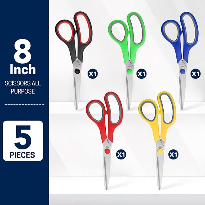 5-Pack, 8" Scissors All Purpose Comfort-Grip Handles Sharp Scissors for Office Home School Craft Sewing Fabric Supplies, High/Middle School Student Teacher Scissor, Right/Left Handed