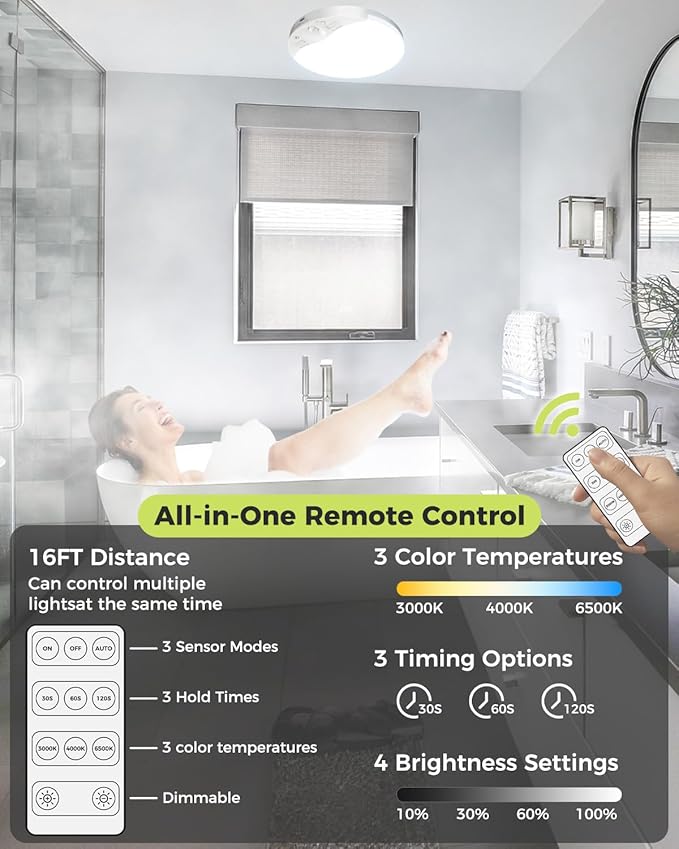 Rechargeable Motion Sensor Ceiling Light with Remote, 3000K/4000K/6500K, Magnetic Wireless Ceiling Light Battery Powered, Dimmable, Timer, Motion Activated, for Closet Shower Hallway Pantry, 1Pack