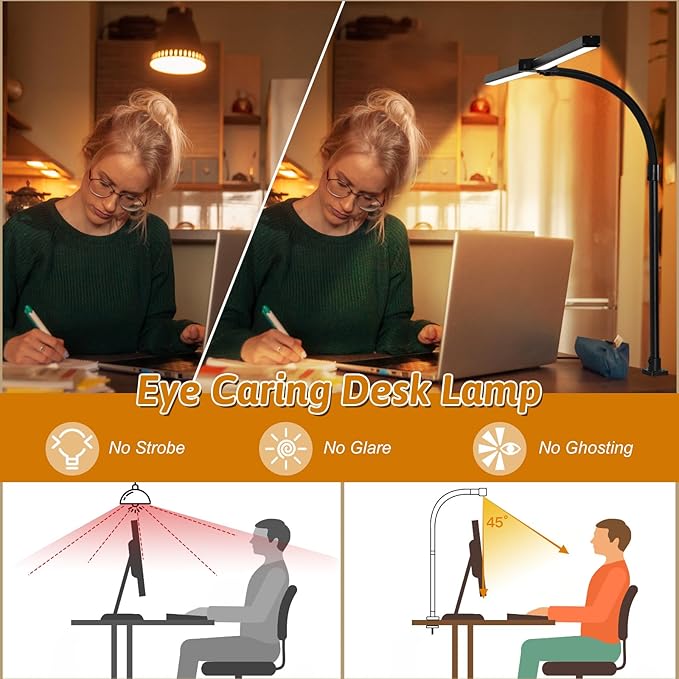 LED Desk Lamp with Clamp, Dual Head Monitor Light, Remote | 24W Dimmable Eye-Caring Task Lamp with Timer, Anti-Glare Cover and Gooseneck for Home Office Dorm, Workbench and Study