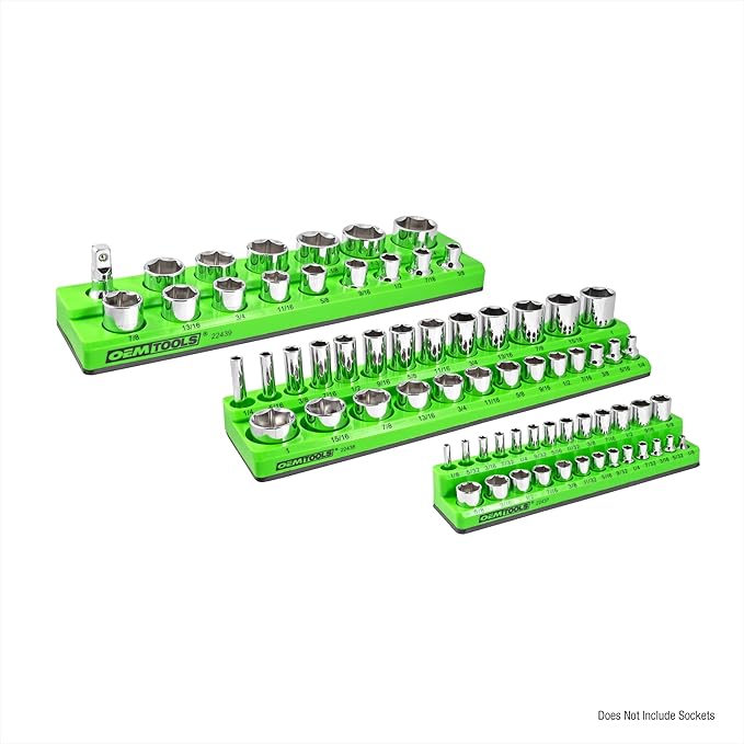 OEMTOOLS 22485 3-Pc Magnetic Socket Organizer, SAE Magnetic Socket Holder, Socket Holders for 68 Deep and Shallow Sockets, Socket Holders 1/4, 3/8, 1/2 Inch Sizes