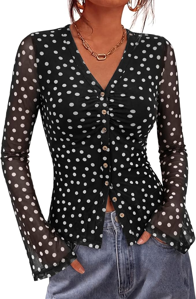 BTFBM Button Down Shirts for Women 2026 Fall Boho Tops V Neck Long Sleeve Blouses Ruched Mesh Fitted Fashion Clothing