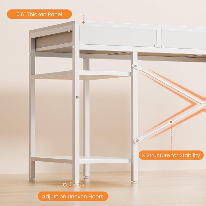 Sweetcrispy 55" Computer Desk with 6 Fabric Drawers & Storage Shelves | Reversible Gaming Desk, Office Desk, Computer Workstation, Corner Desk with Storag, Home Office, Living Room, White