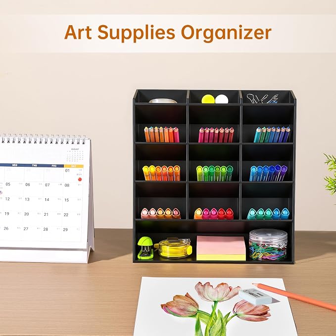 BEYGORM Acrylic Vertical Marker Organizer for 150 Markers, Desk Orgaizer | 13 Compartments Clear Angled Pen & Pencil Holder, Large Stationery & Art Supply Storage for School (10.2 x 9.8 x 4 Inch)