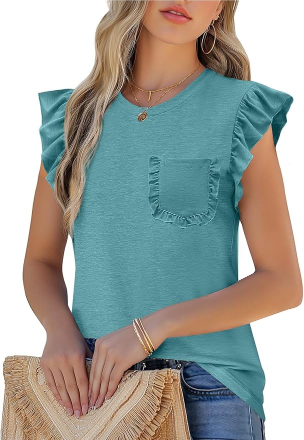 JUSTFASHIONNOW Womens Summer Tops Striped T-Shirts 2026 Ruffle Short Sleeve Crew Neck Casual Blouses with Pocket