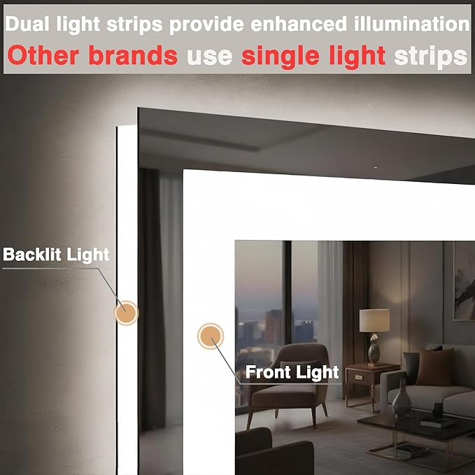48"x36" LED Bathroom Mirrors for Wall, Front and Backlit Mirror, Anti-Fog Vanity Mirror with Lights, Stepless Dimmable Lighted Mirror, 3 Colors Smart Mirror (Horizontal/Vertical)