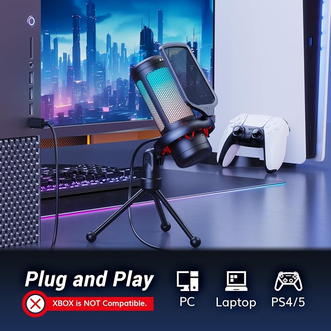 TONOR Gaming Microphone Set, PC Condenser Mic with RGB for Gamers | Desktop Stand Set, Quick Mute, Volume Control, for Twitch Streaming, Discord Chatting, 200 cm/78'' Cable, Black, TC310
