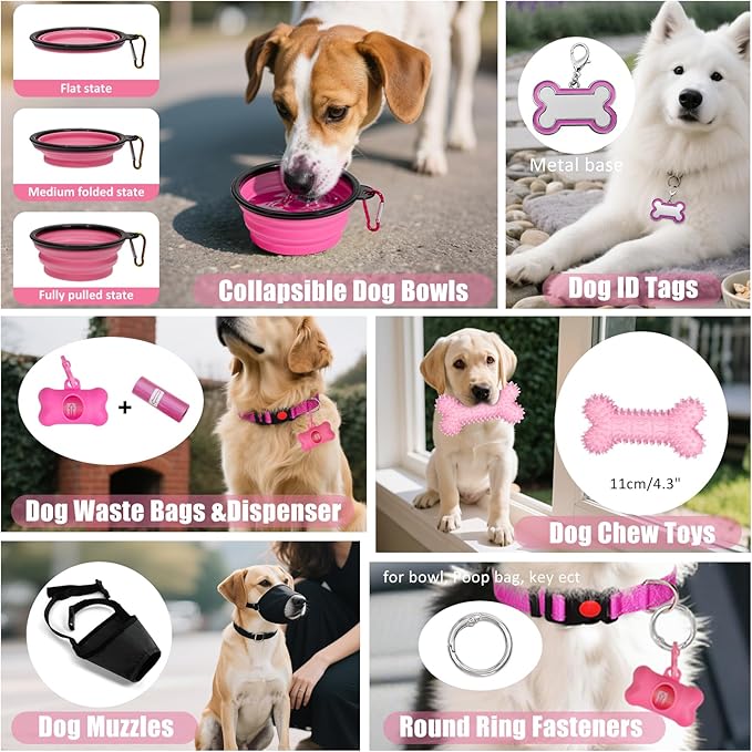 No Pull Dog Harness Adjustable Collar & Leash Set - Dog Halter Harnesses Collapsible Bowls & Poop Bag Dispenser Muzzle ID Tags Toys Fits Small Medium Large Dogs (Pink-L)