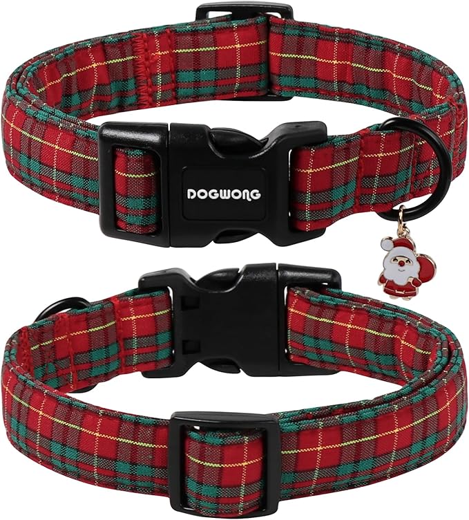 DOGWONG Christmas Plaid Dog Collar- Adjustable Red Tartan Collar, Scottish Red Grid Dog Collar with Strong Plastic Buckle for Small Medium Large Dogs,S