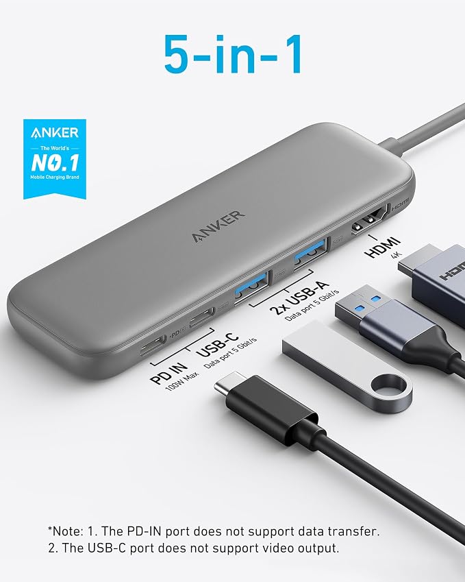 Anker USB C Hub, 5-in-1 USBC to HDMI Splitter with 4K Display | 85W Max PD, 1 Powered USB-C 5Gbps & 2 Powered USB-A 3.0 5Gbps Data Ports, for MacBook Pro, MacBook Air, Dell and More (Grey)