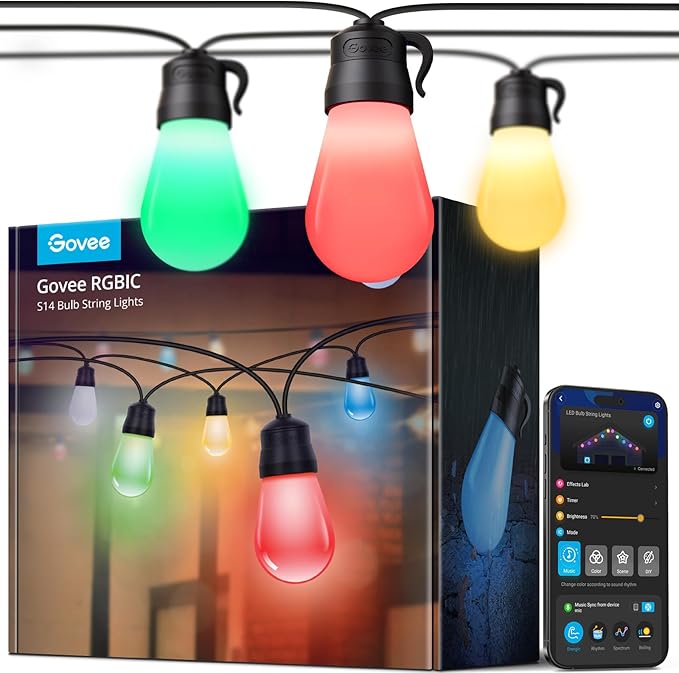 Govee Smart Outdoor String Lights H7029, 24ft RGBIC, IP65, 47 Scene Modes | 8 Dimmable LED Bulbs Outdoor Lights with Color Changing Warm White Lights for Patio, Backyard, App Control, Bluetooth