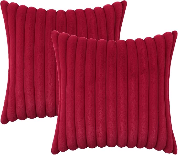 decorUhome Fall Faux Fur Throw Pillow Covers 22x22 Set of 2 Red | Decorative Soft Cozy Striped Plush Modern Farmhouse Boho Couch Pillow Cases Velvet Back for Sofa Bed Living Room Home Decor