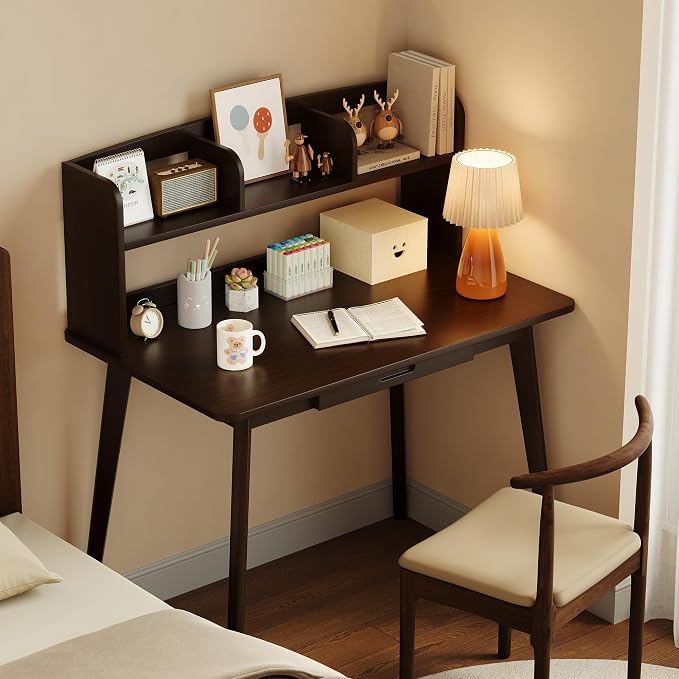IOTXY Small Writing Desk with Hutch - 39.4" Work Computer Study Table | Black Walnut, Storage Drawer, Space-saving for Home and Office, with Bookshelves