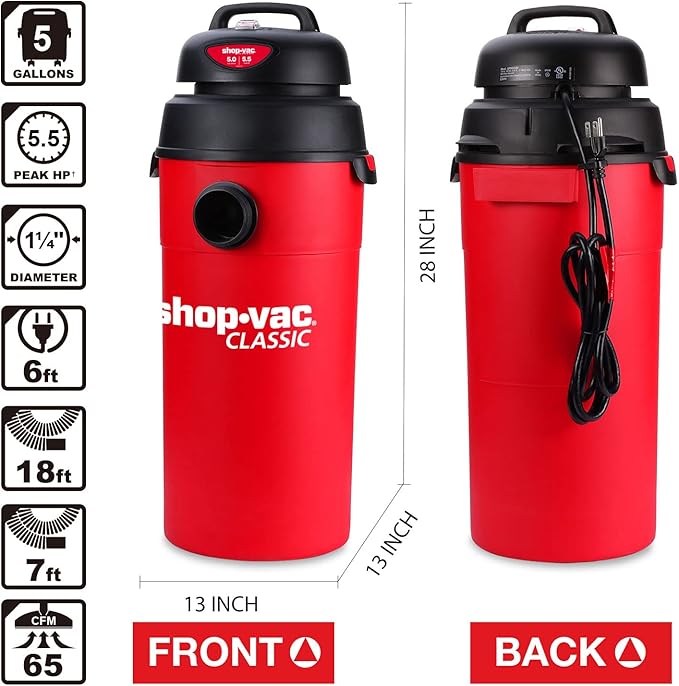 Shop-Vac 5 Gallon 5.5 Peak HP Wet/Dry Vacuum, Wall Mountable Compact Shop Vacuum with 18+7Ft Hose & Attachments 2-in-1 AC Drain Line Unclogger, Universal HVAC Drain Line Cleaner Adapter